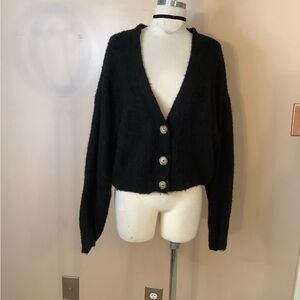 H&M Divided Black Button Rib Knit Cardigan Balloon Sleeve Wool Medium 8/10 cozy